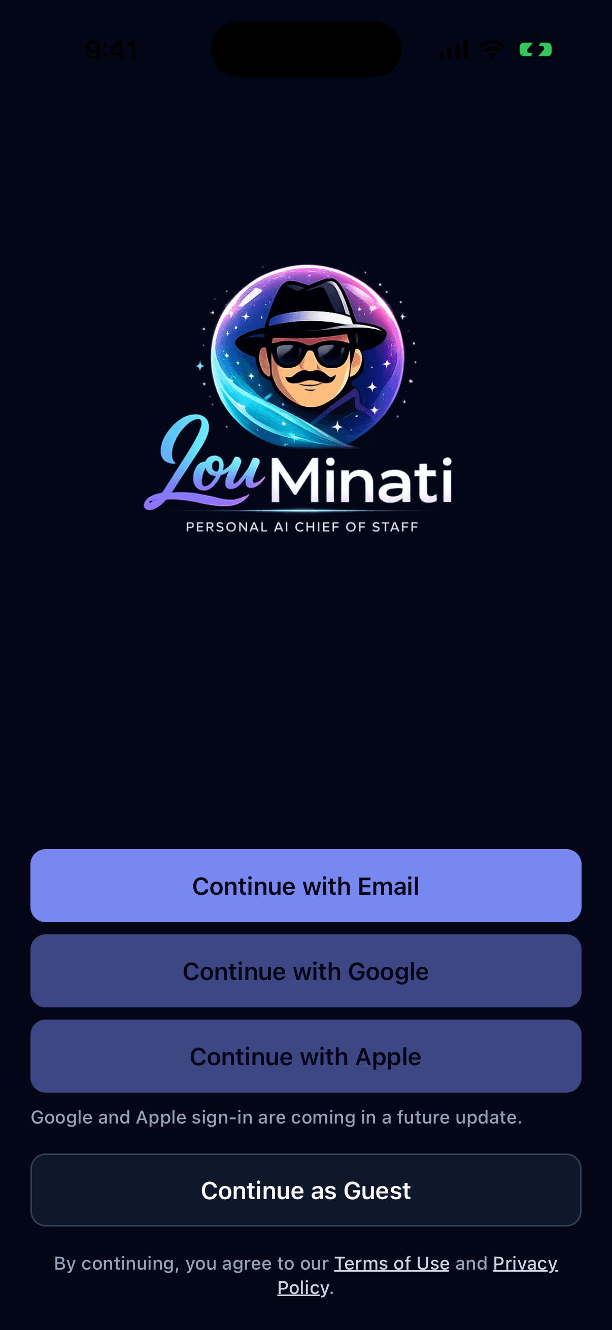 Lou Minati's welcome screen, with email and guest sign-in options